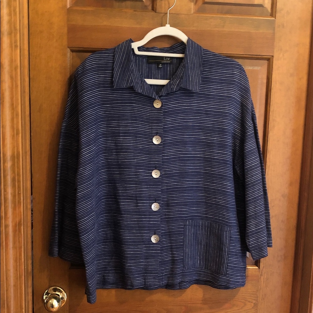 Liv By Habitat Linen Navy with White Striped Button Front Jacket NWOT